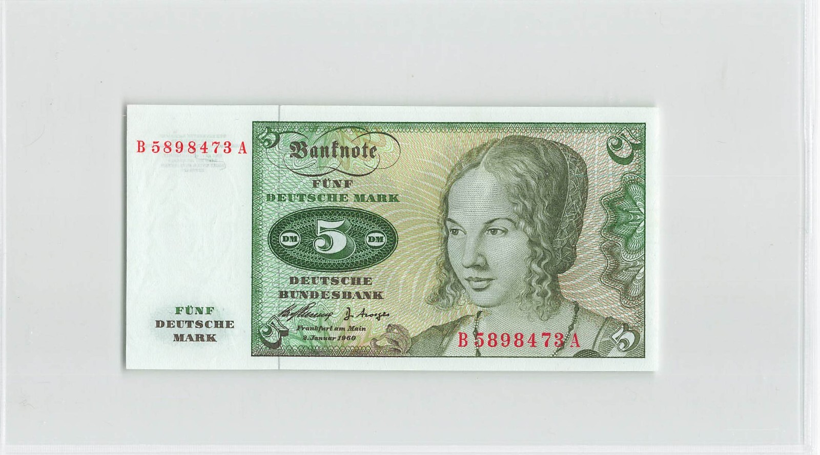 GERMANY 5 Deutsche Mark 1960, P-18, B5898473A, Original UNC