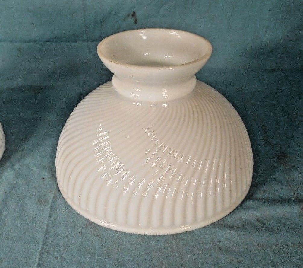 PAIR OF VINTAGE SWIRL RIBBED MILK GLASS STUDENT LAMP OIL LAMP SHADES