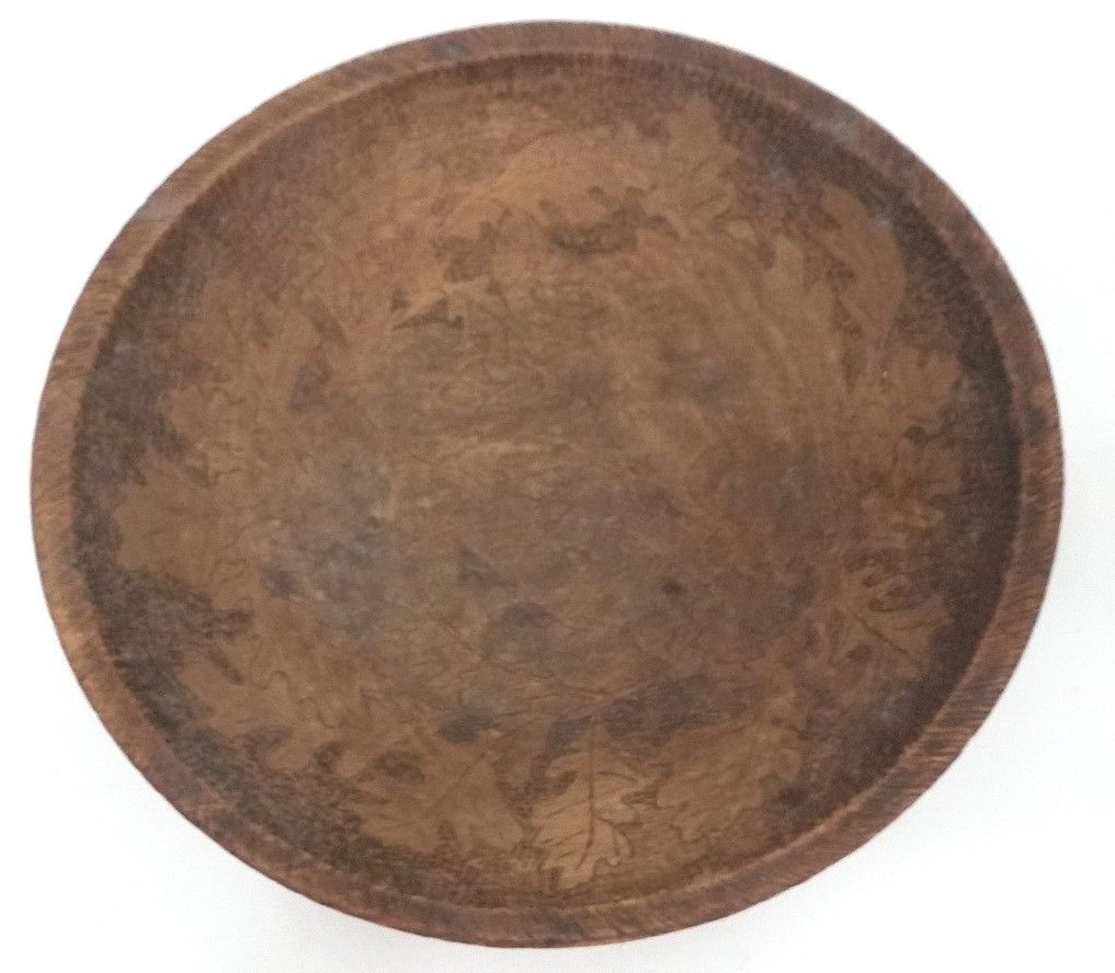 Wooden 10 Inch Bread Bowl - Hand Carved Leaves & Rabbit Scene On Interior     SH