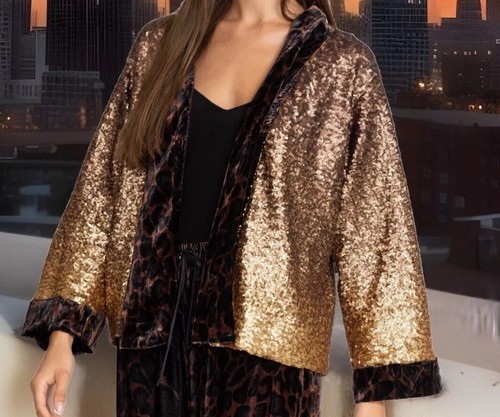 Pre-owned Johnny Was Xl 1x Kimono Silk Velvet & Sequin Gold & Leopard Jacket Wrap Coat