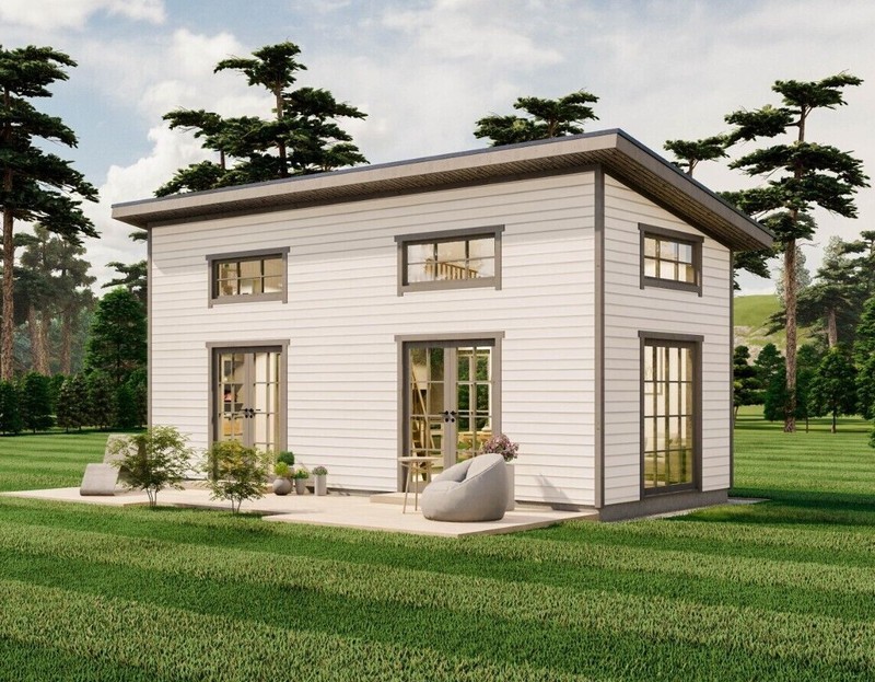 12'x28' Tiny House Plan, Two Story Modern Cottage Construction Blueprints