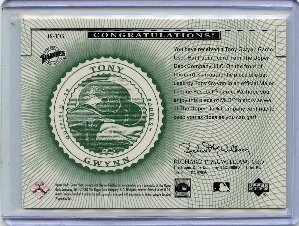 2002 UD SWEET SPOT CLASSICS #B-TG TONY GYNN GAME-USED BAT  SAN DIEGO PADRES NM