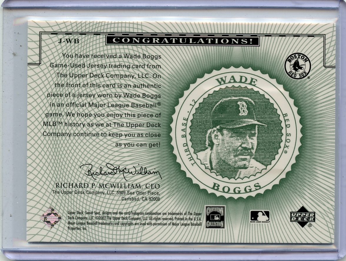 2002 UD SWEET SPOT CLASSICS #J-WB WADE BOGGS GAME-USED JERSEY RED SOX NM