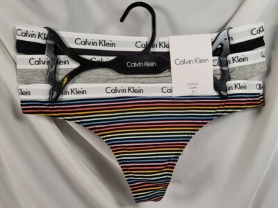 Calvin Klein 3 Pack Thongs L Cotton Stretch Black, Gray & Multi Color Stripes