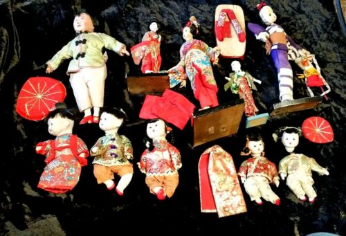lge collection very very old antique Japanese dolls -mache,bisque,cloth