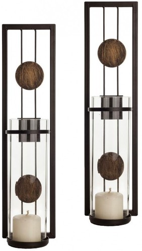 Set of 2 Pillar Candle Holder Wall Sconces ~ Bronze/Gold Metal & Glass ~ 16"H