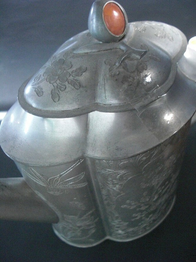 Chinese antique teapot carved inlaid jade pot