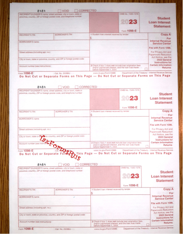 2023 Irs Tax Form 1098-e Single Sheet Set For 3 Borrowers, Noncarbonless 3pt 3up