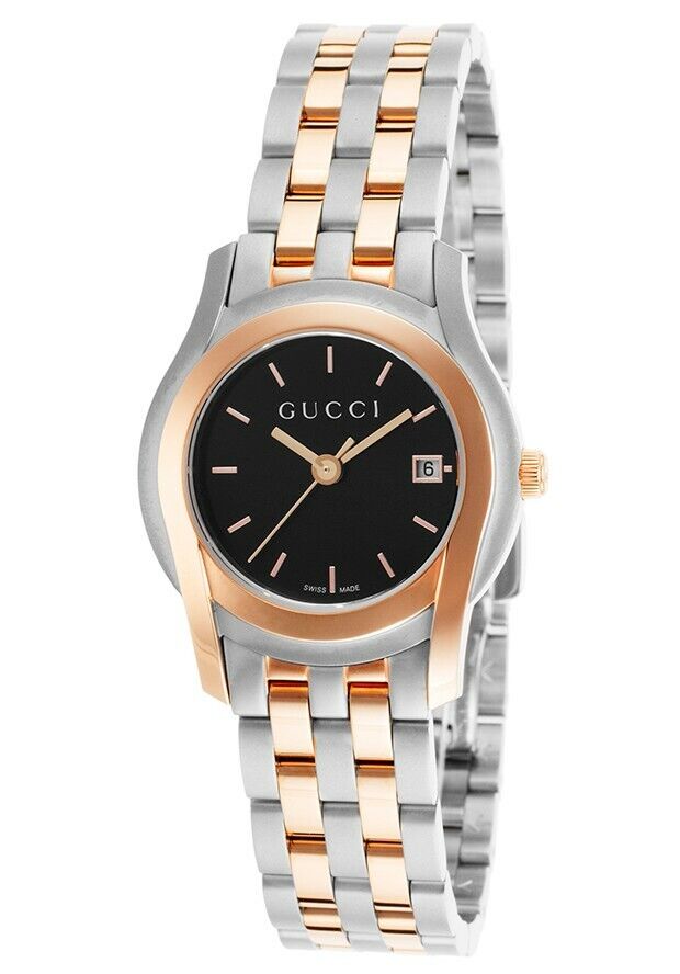 Pre-owned Gucci Ya055531 Black Dial 5500l Series Rose Gold & Silver Tone Watch $1,075