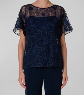 $795 Akris Punto Women's Blue Metallic 3D Dot Embroidery Tulle Blouse Top Size 6