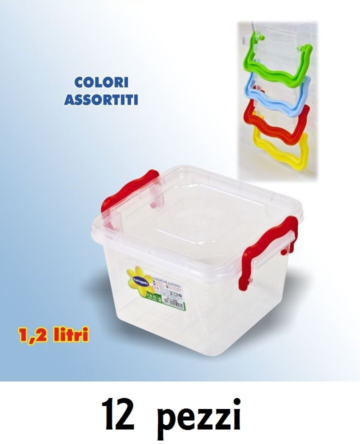Set 12 Contenitori Plastica 1200ml Cibo Alimenti Frigorifero Quadrati Manici hmj