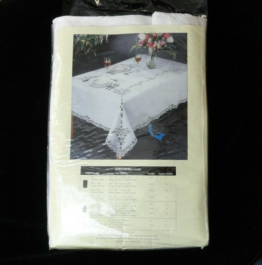 Vintage NOS Nobility Christina Battenburg Lace White Round Tablecloth /8 Napkins