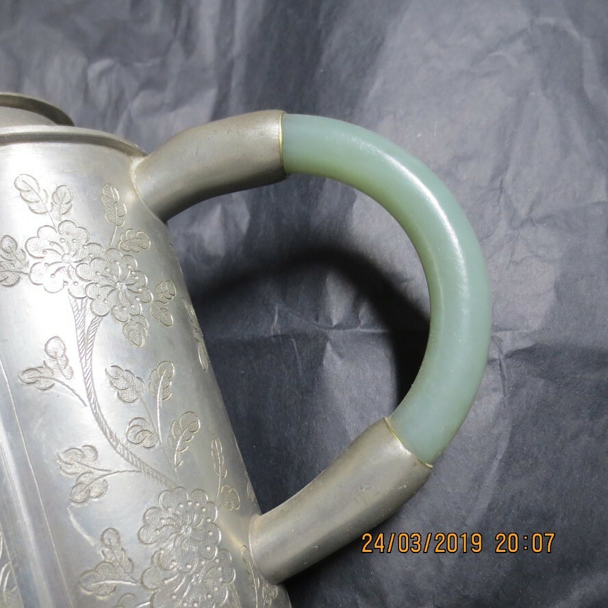 Chinese antique teapot carved inlaid jade pot