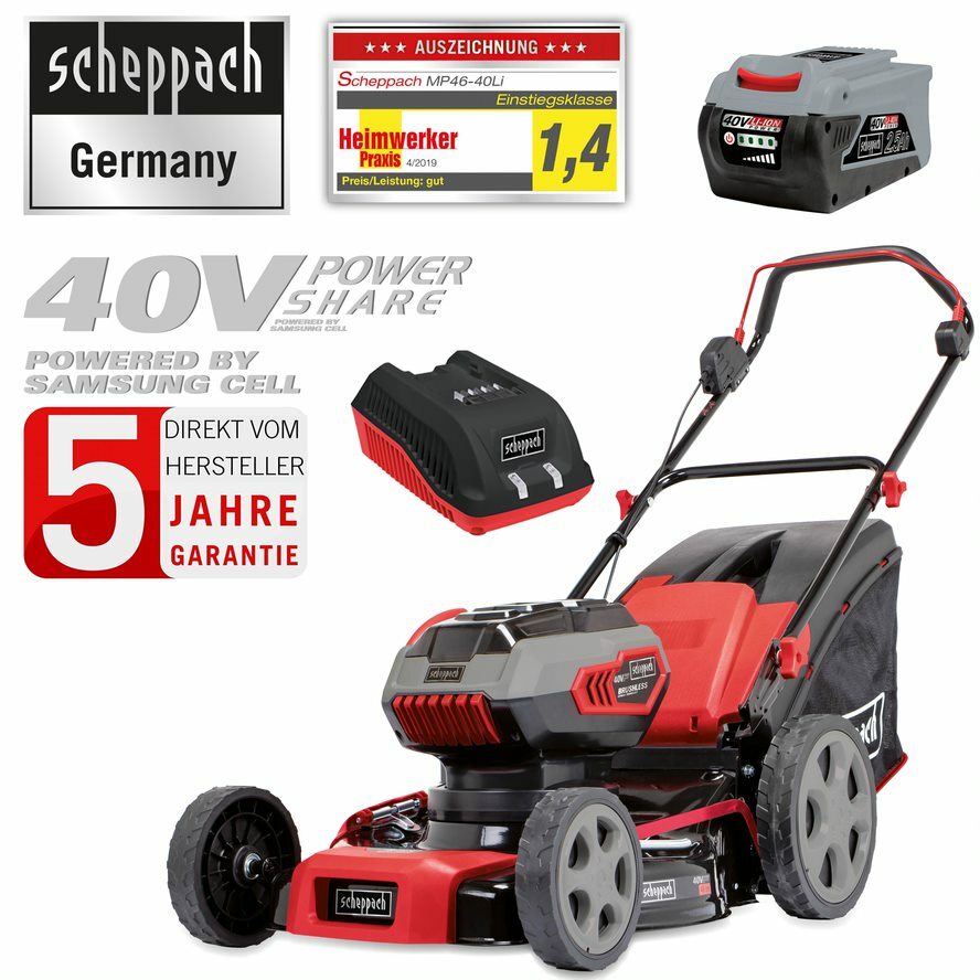 scheppach 40V Akku Rasenmäher Akkumäher Li-Ion Brushless 46cm Schnittbreite 4in1