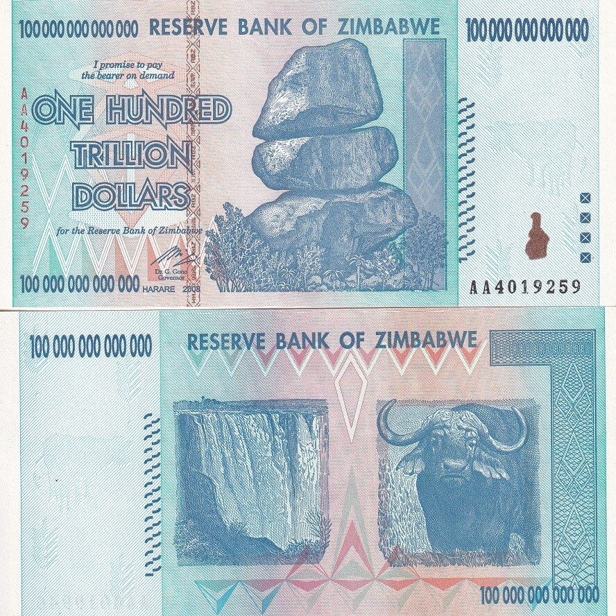 Zimbabwe 100 Trillion Dollars 2008 P 91 AUnc Chiremba Balancing Rocks NHB