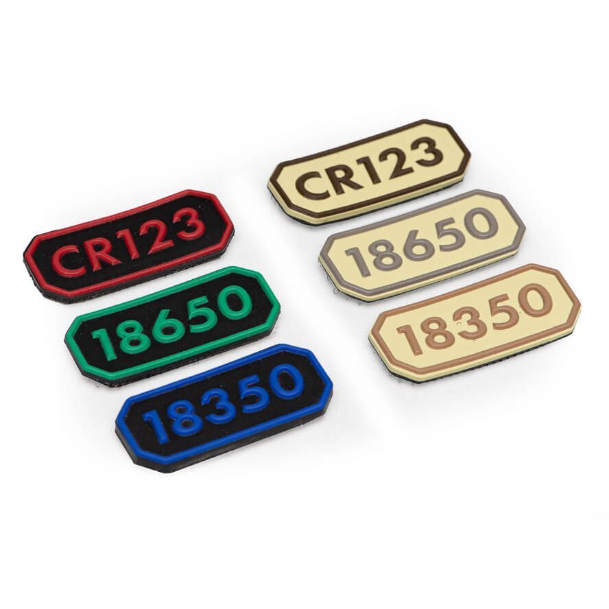 Thyrm -Hook & Loop PVC Battery Patches / Labels Set - CR-123, 18650, 18350 & AAA