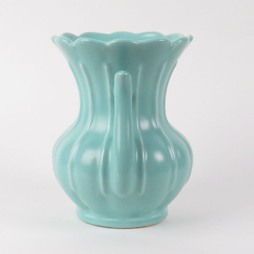 Rumrill pottery vase vtg Art Deco 1930s Red Wing aqua blue green ribbed handles