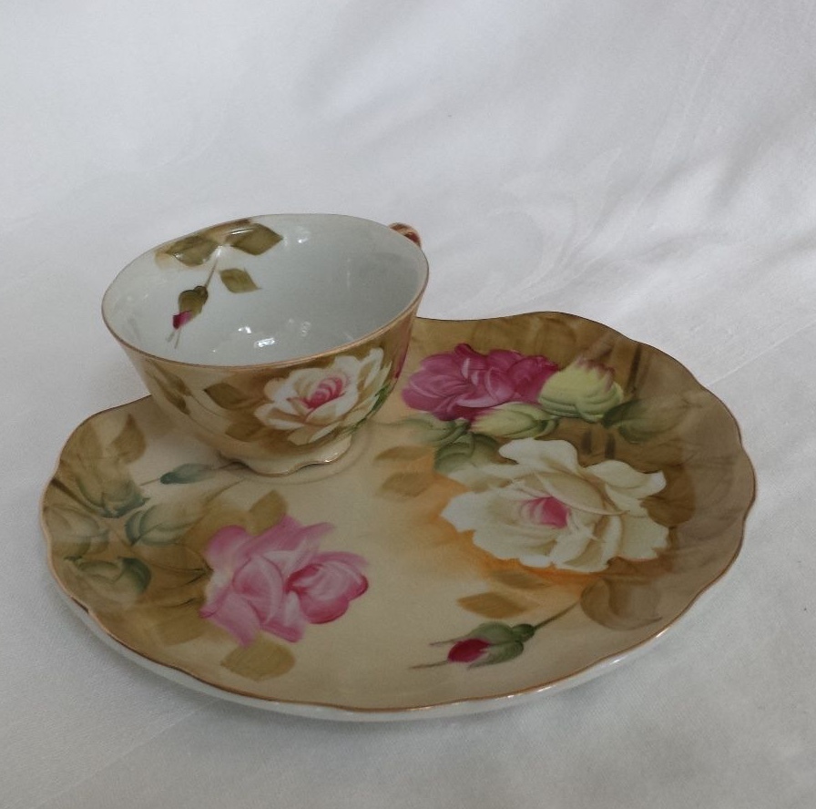 LEFTON Hand Painted China Heritage Brown Floral Plate and Footed Cup Snack Set