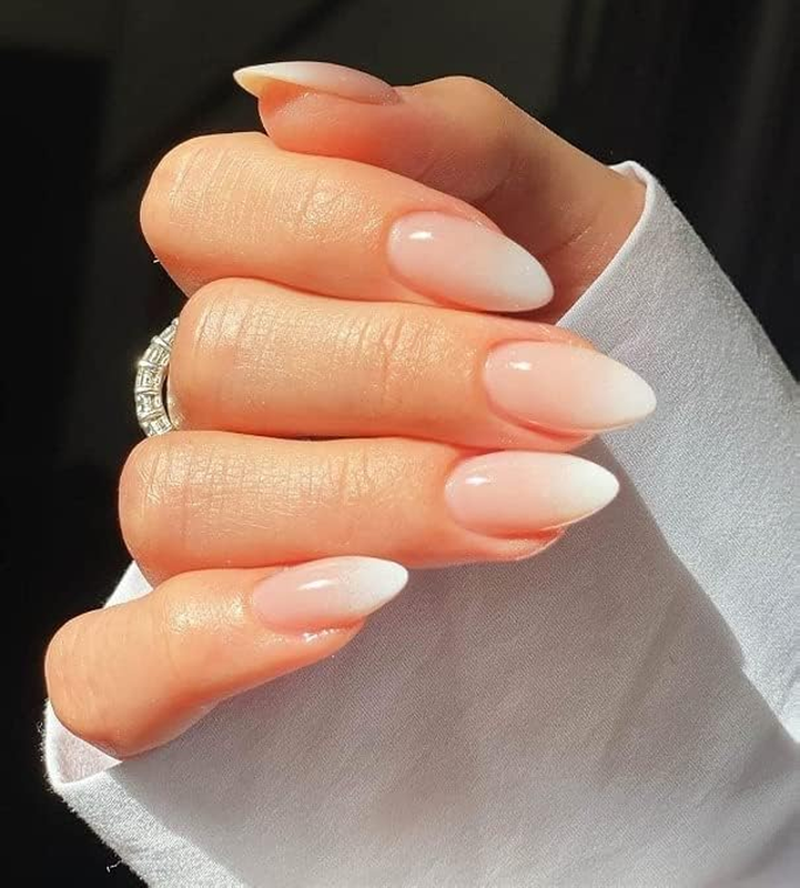 LANYOS 24PCS Press on Nails Medium Glossy Nude French Tips Fake Nails Almond Glu