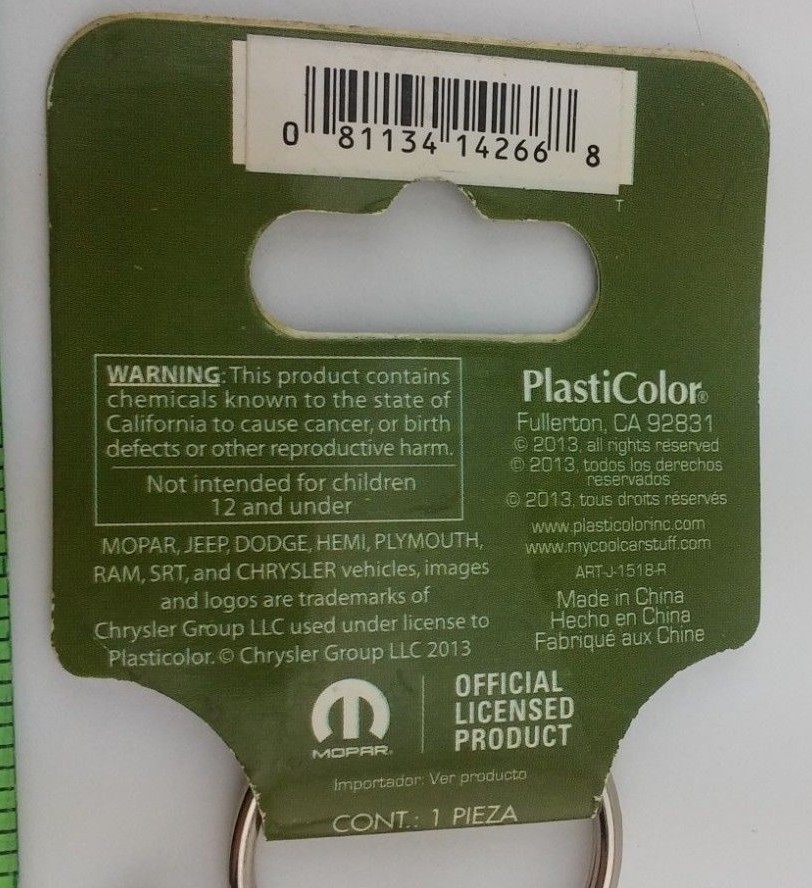 Jeep Metal Keychain New With Tag 2011 Chrysler Plasticolor