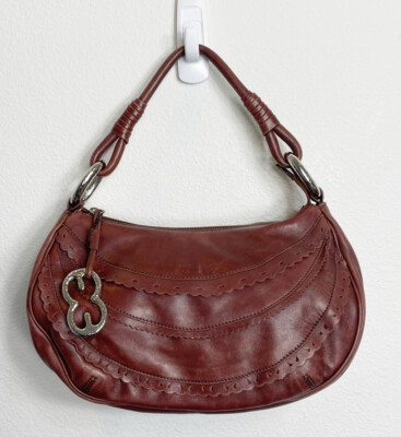 Escada Brown Brown Leather Shoulder Bag Hammered Silver Y2K Ruffle