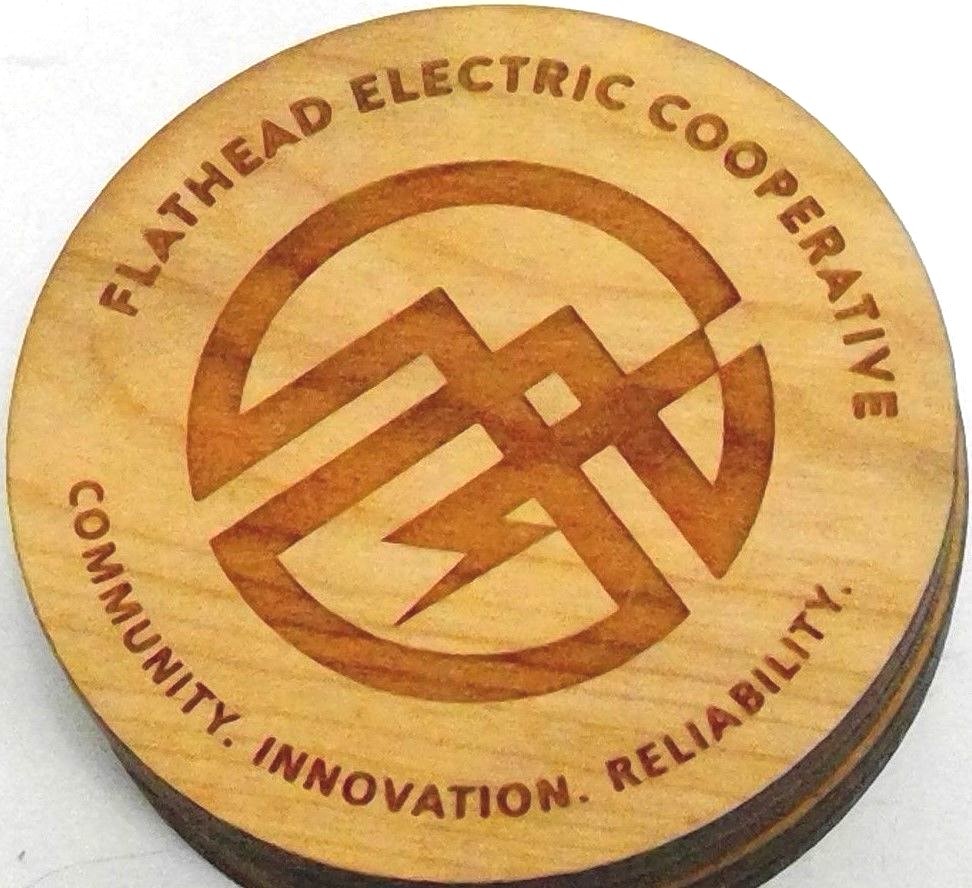 set 4 oak coasters Flathead Electric Coop logo 'Communication/Innovation...'