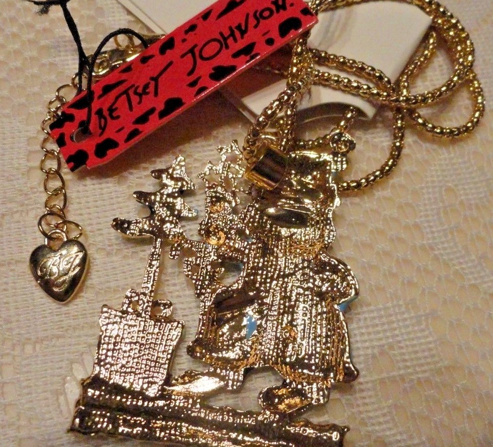 Enamel Crystal BLUE SANTA CLAUS & TREE Pendant /Necklace Betsey Johnson Jewelry