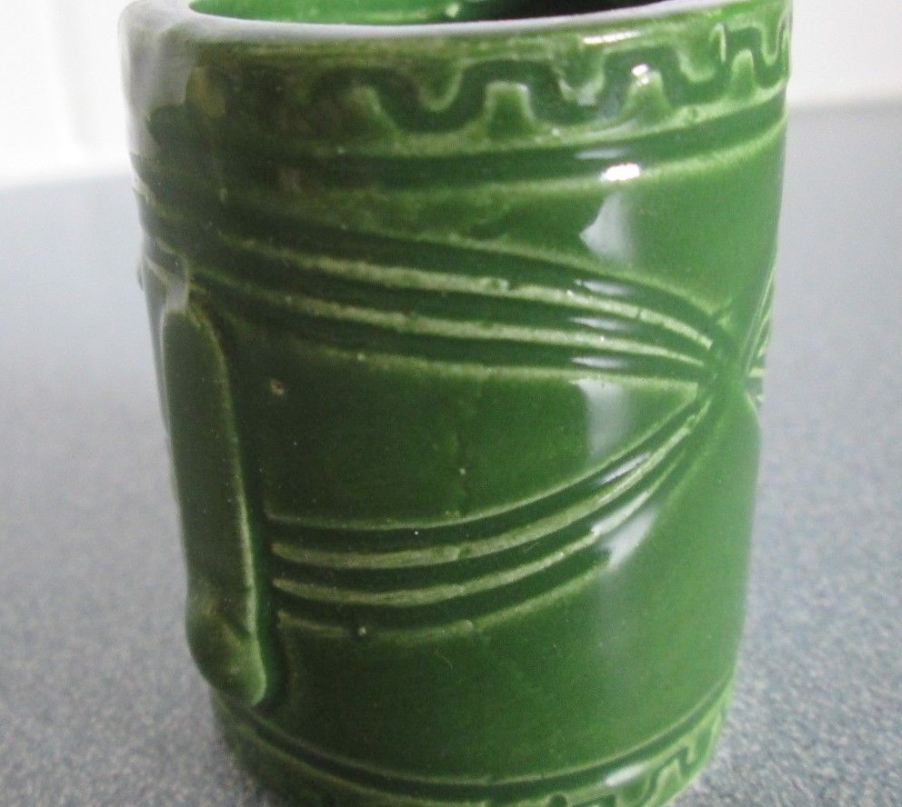 Vintage Toothpick Holder TIKI Man Face Green Pottery