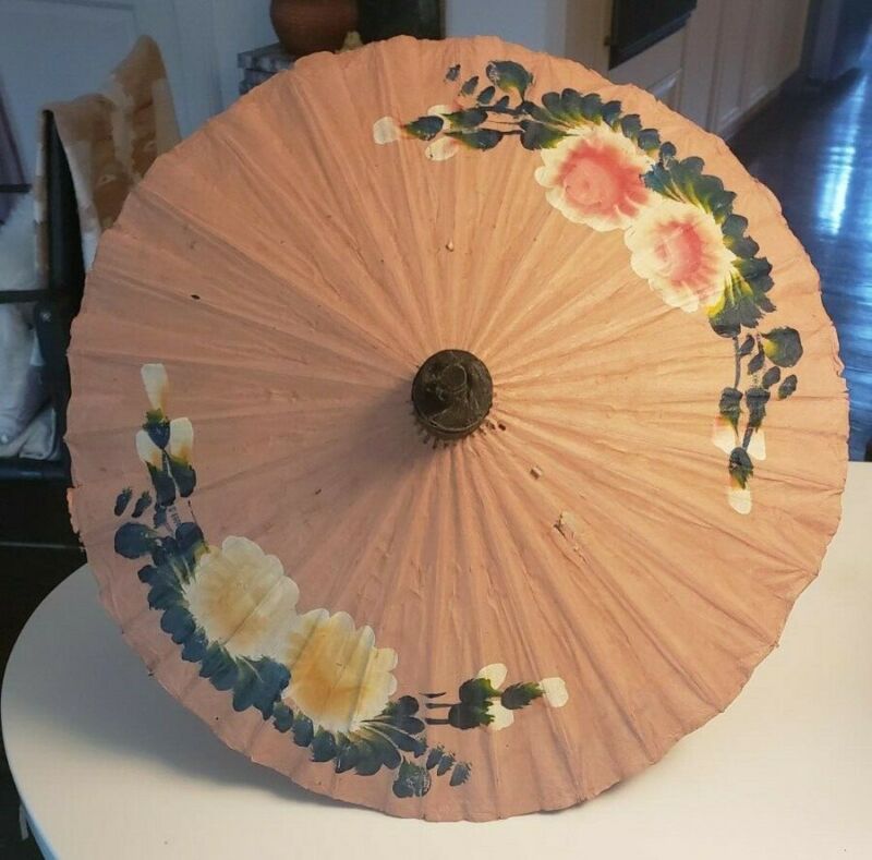 Vintage Hand Painted Small Blush Floral Rice Paper Parasol Umbrella Blush RARE