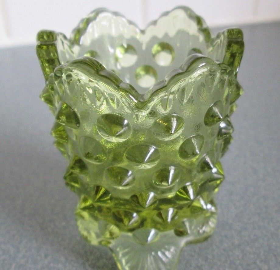 Vintage Toothpick Holder Pointed Hobnail Glass Pale Olive Green Footed