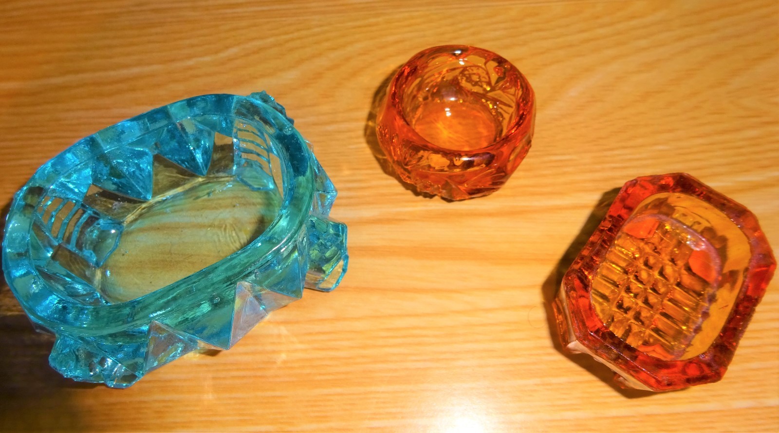 Lot of 3 vintage 2 orange, 1 blue salt cellars, all 11/2