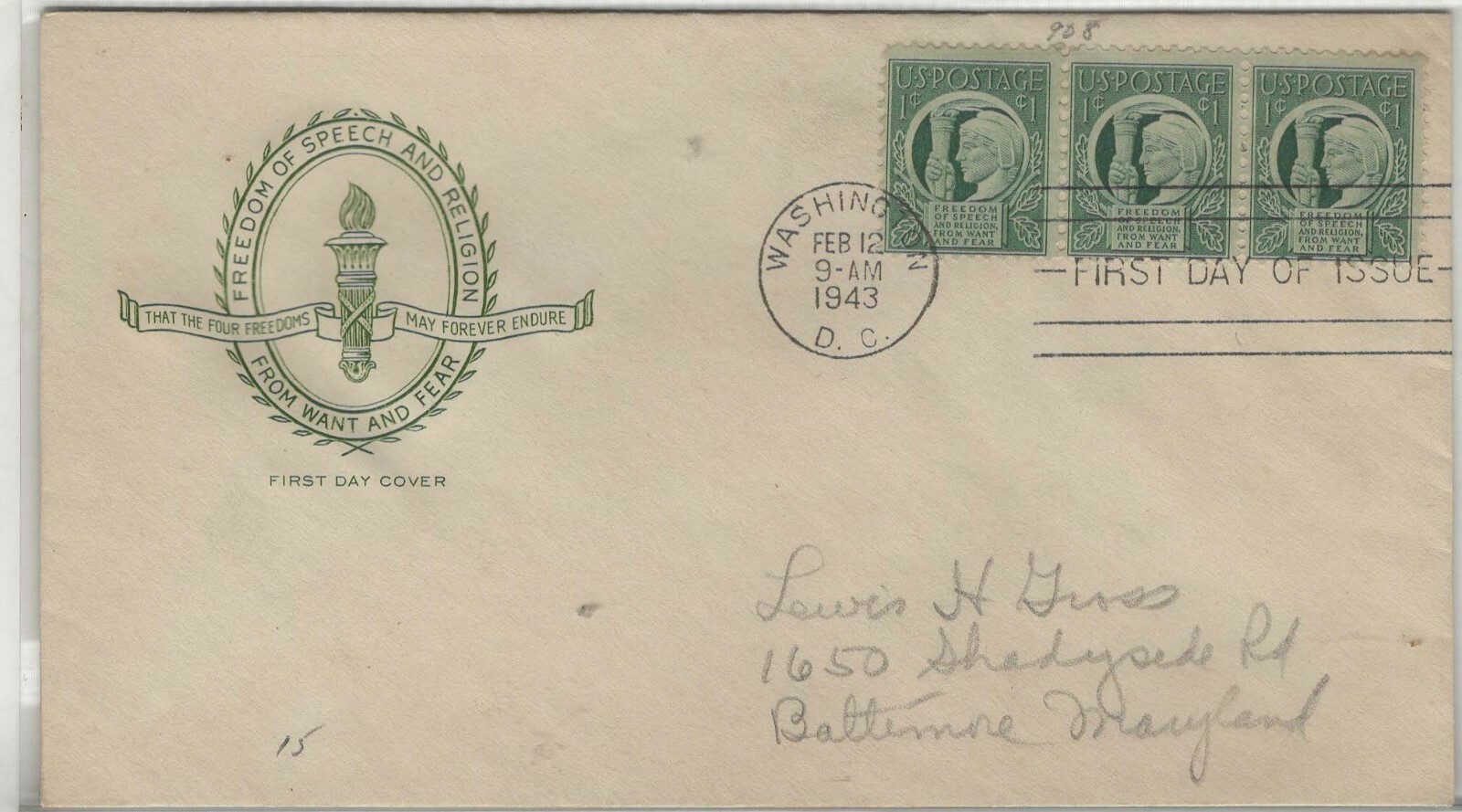 USA 1943 FIRST DAY COVER WITH CACHET FOUR FREEDOMS ISSUE #1