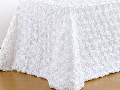 Satin Rose /  Rosette  Banquet Formal  Tablecloth ~ White 90'' x 132'' Rectangle