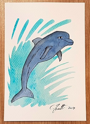 CHRIS ZANETTI Original Watercolor Painting DOLPHIN Marine Ocean 6''x4'' Signed Art
