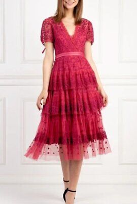 NEEDLE & THREAD Sz 6 US Pink Berry Lace Layered Tulle Embroidered Dress