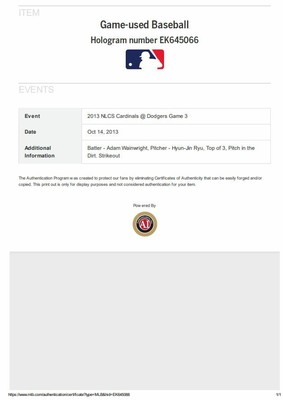 ??? Hyun Jin Ryu Game Used Baseball (Strikeout) / 2013 NLCS