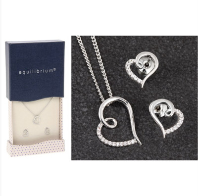 Ladies Girls Platinum Plated Heart Necklace & Earring Gift Set by Equilibrium 