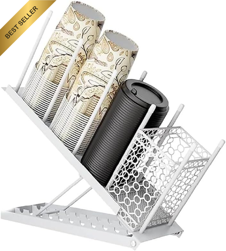 Metal Paper Cup and Lid Holder, Paper Cup and Lid Holder with Straw Organizer, A
