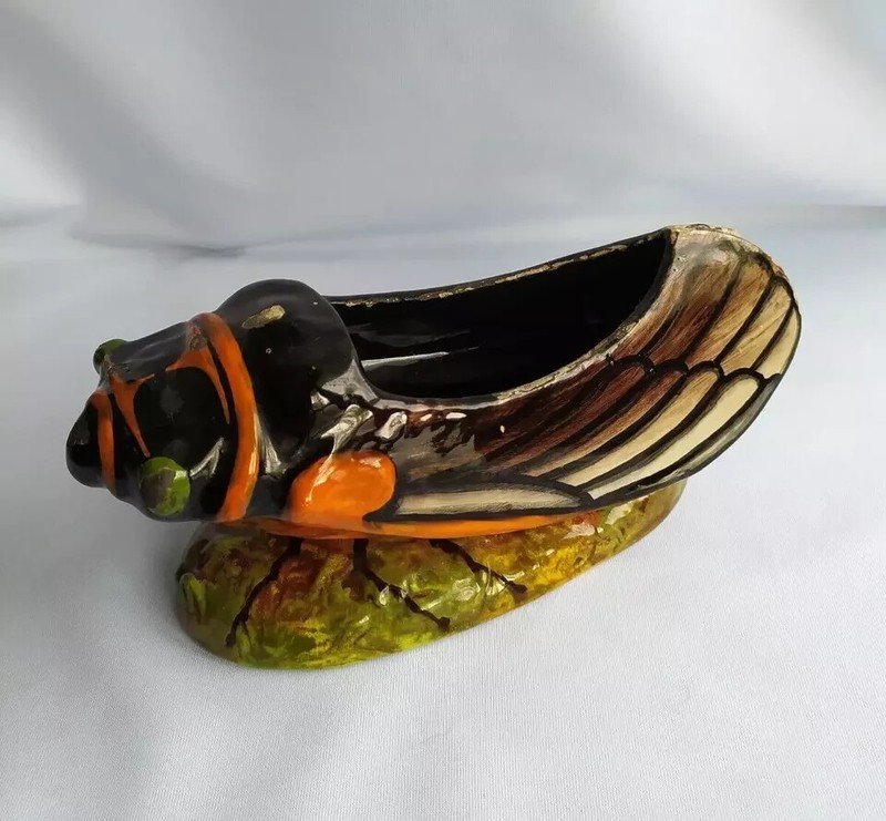 Ancienne Cigale Vide Poche En CÃ©Ramique Polychrome, Sans Signature.