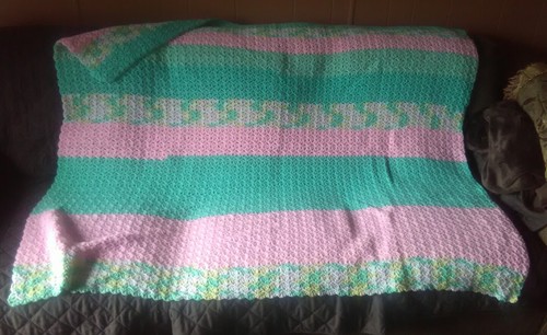 Vintage handmade pink,green,yellow Crochet  Afghan