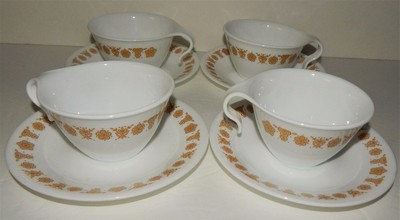 4 Corelle Corning Golden Butterfly Hook Handle Coffee Cups & Saucers Vintage 