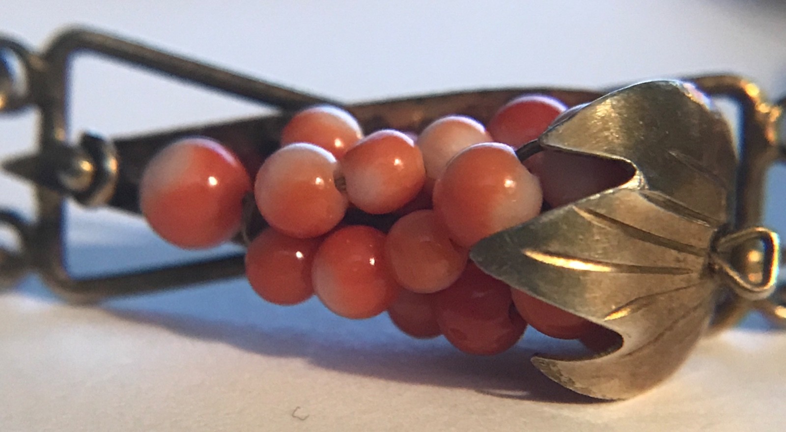 Beautiful Antique Victorian Coral Grape Gold Wash Vermeil Bracelet 800 Silver