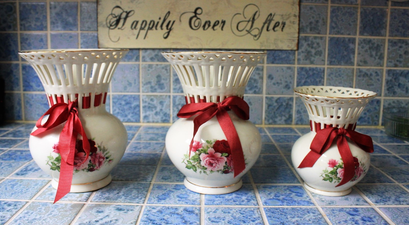 3 - Formalities By Baum Bros Set of Vases Pink Red Rose Lattice Ribbon Gold Rim