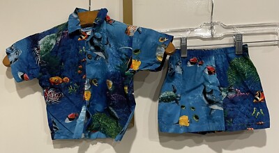 RJC Made In Hawaii 2 Piece Shorts Shirt Aquatic Reef Fish Blue Baby 18M