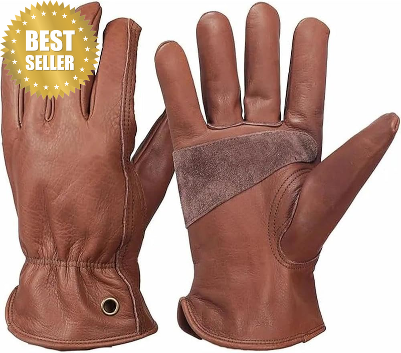 Retro Brown Cowhide Leather Work Gloves for Construction & Outdoor Heavy-Duty Ta