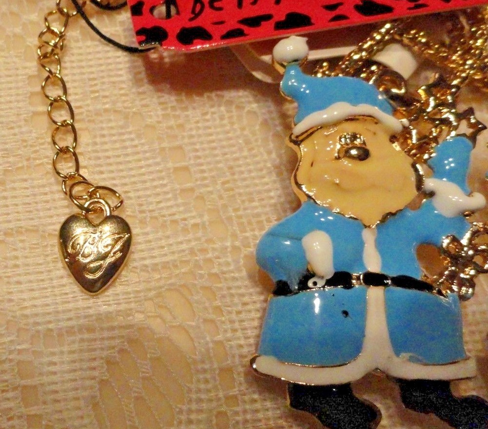 Enamel Crystal BLUE SANTA CLAUS & TREE Pendant /Necklace Betsey Johnson Jewelry