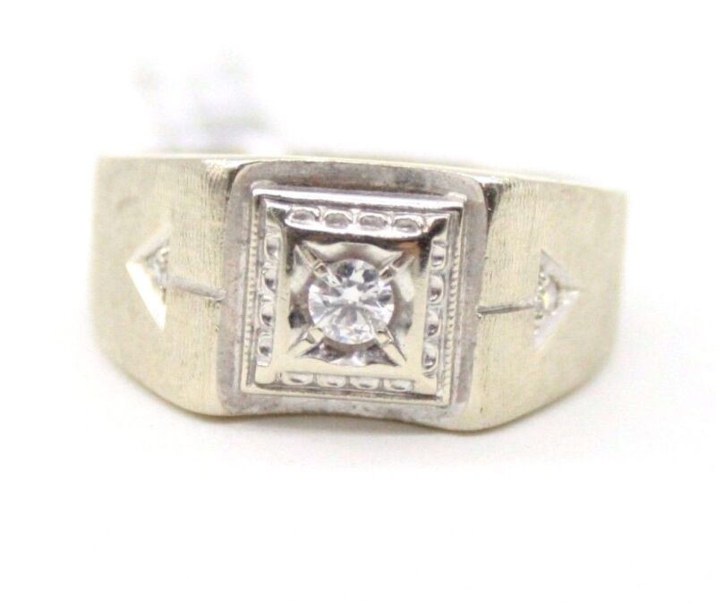 Vintage Men`s 14k White Gold Solitaire Round Diamond Ring .size 11
