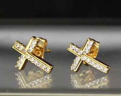 2.00Ct Round Lab Created Diamond Men's Cross Stud Earring 14K Yellow Gold Finish