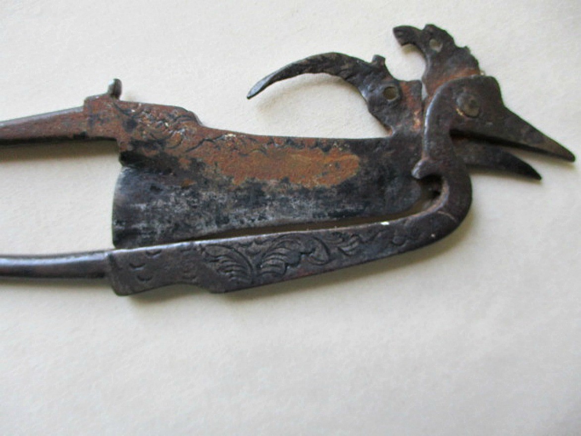 Vintage BETEL  NUT CUTTERS,Wrought IRON,Bird's Head,Chased Handles,19th Cent.