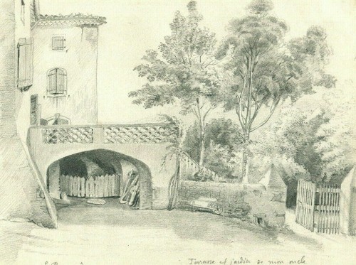 French Pencil Drawing Terrace, Garden Sketch Antique Original
